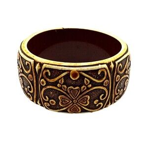 Vintage Carved Scroll Bangle Bracelet Chunky Wide Brown Statement 8.25"